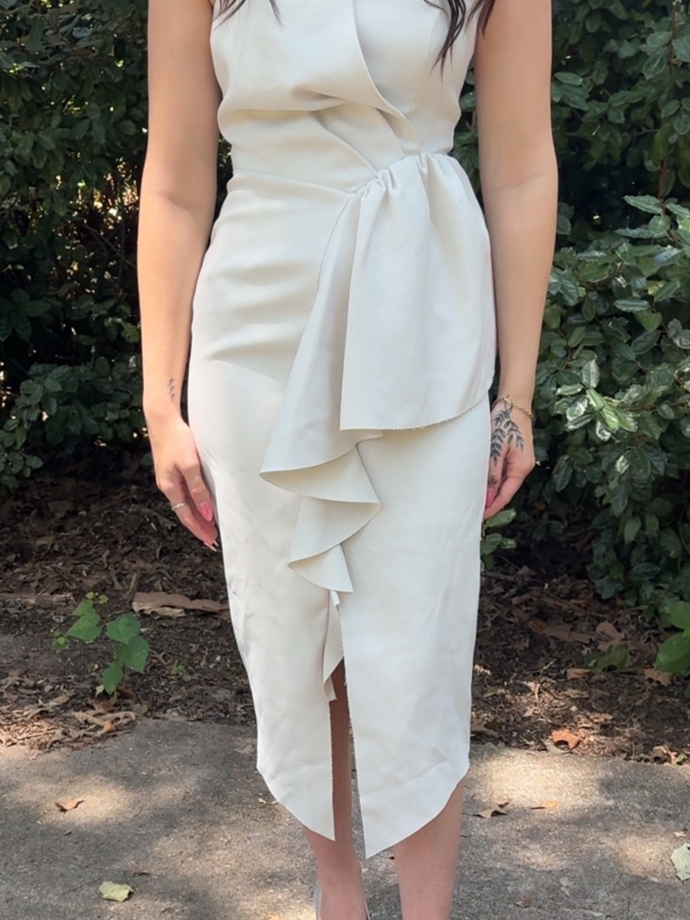 Elliatt Cream Midi Dress with Draped Ruffle